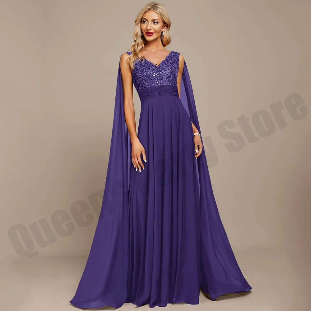 

Lavender Mother of The Bride Dress with Chiffon Cape Deep V Neck Sequined Applique A Line Wedding Guest Gown for Lady