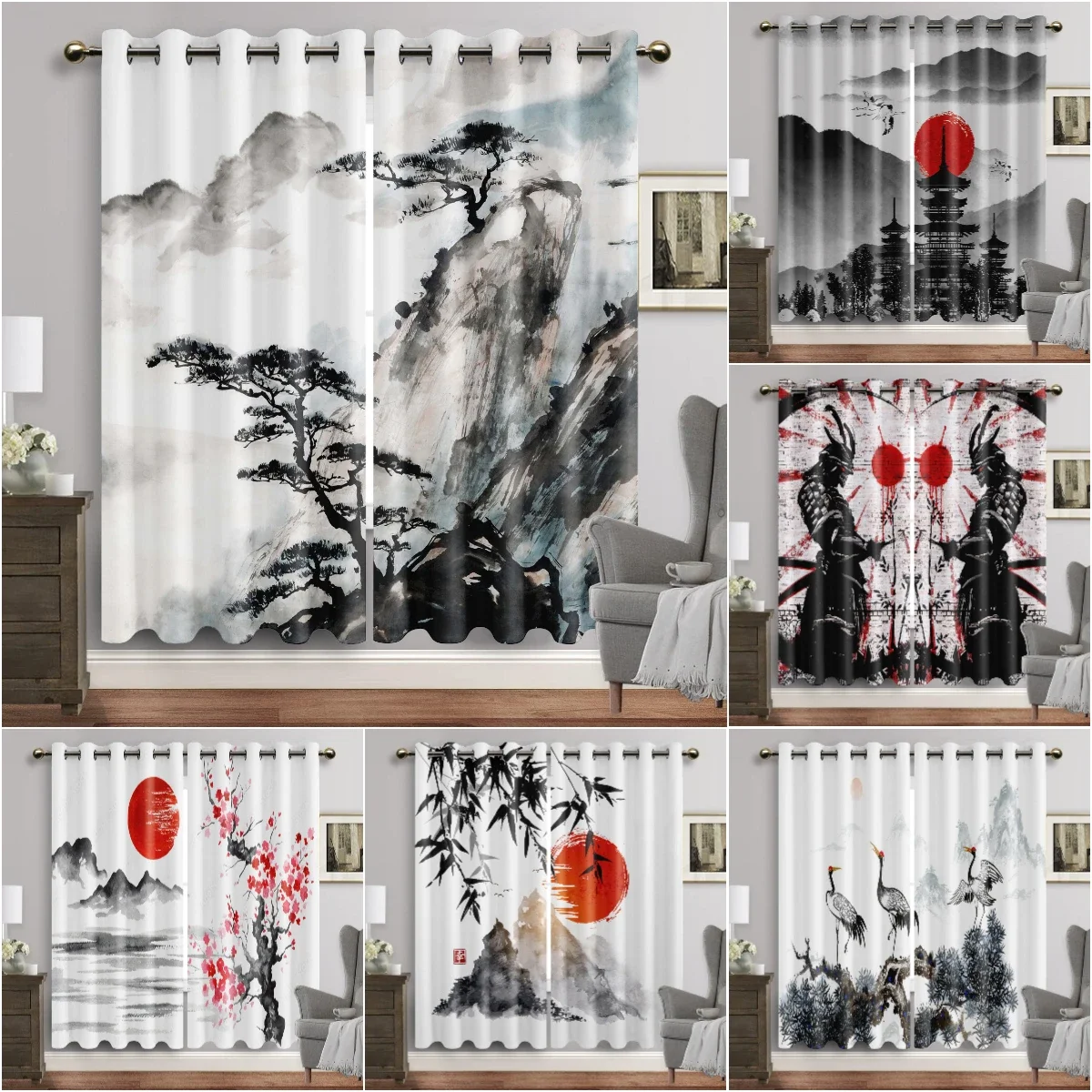 

Japanese Landscape Window Curtain Traditional Ink Painting Eyelet Curtains Classical Drapes In Living Room High Shading 70%-90%
