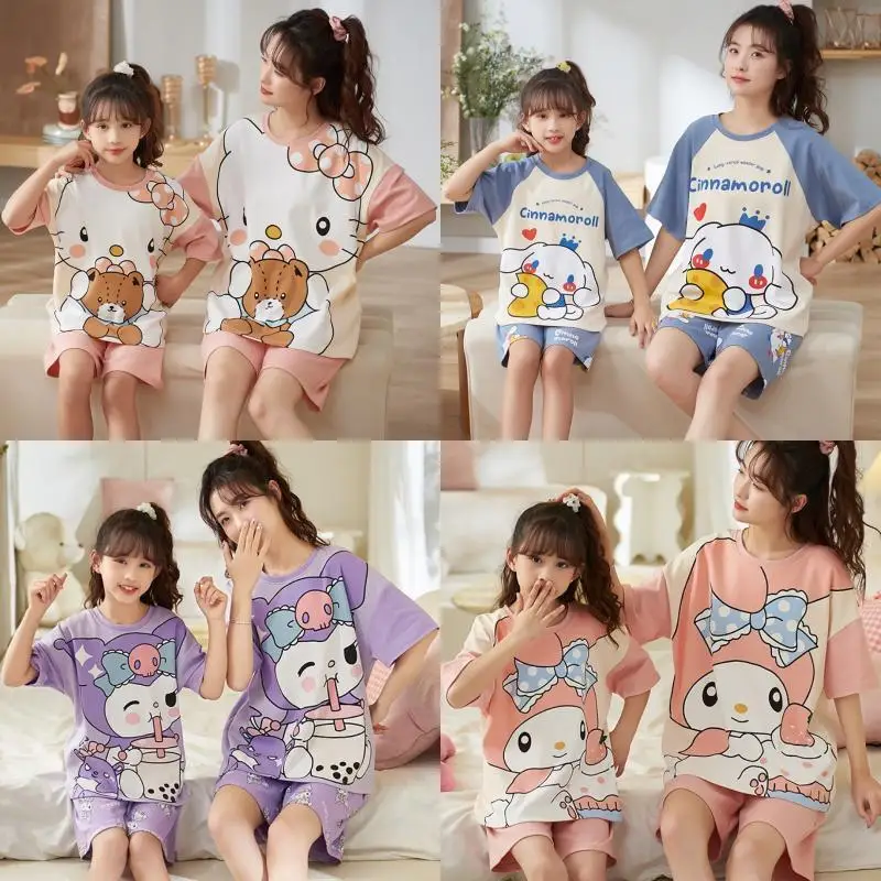 

Sanrios Hellokittys My Melody Cinnamoroll Kuromi Parent-Child Pajamas Set Summer Cotton Short-Sleeved Baby Girl Home Clothes New