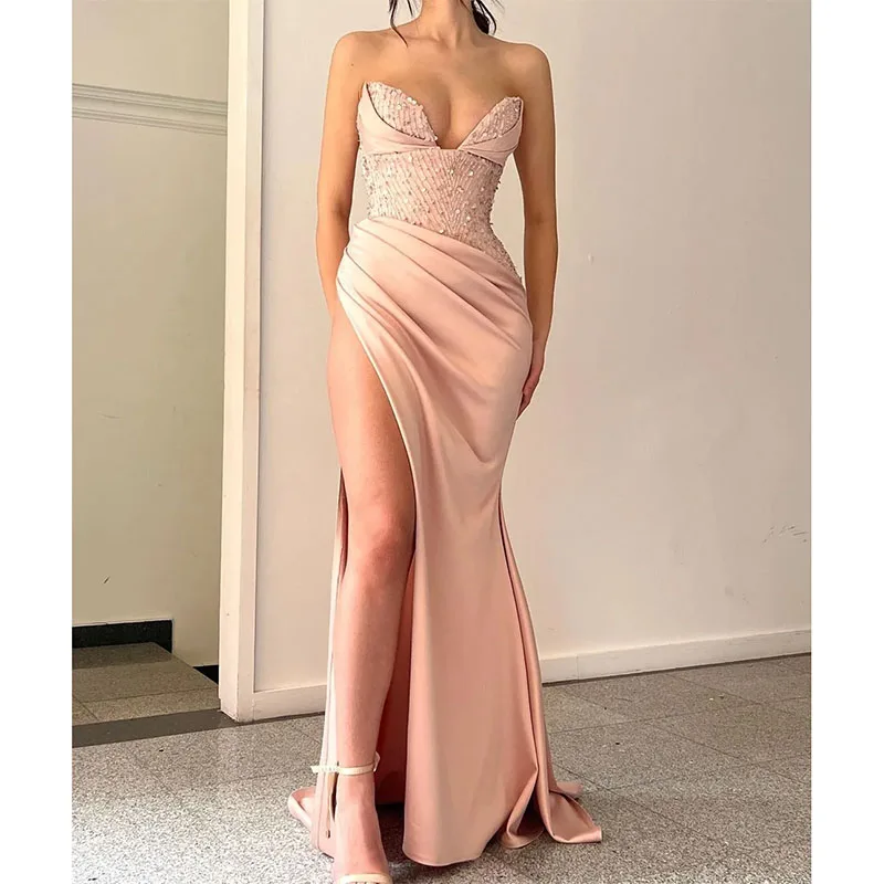

Sexy Pink Sweetheart Prom Dresses Thigh Slit Sequins Party Evening Dress Red Carpet Guest Bridesmaid Special Occasion dress