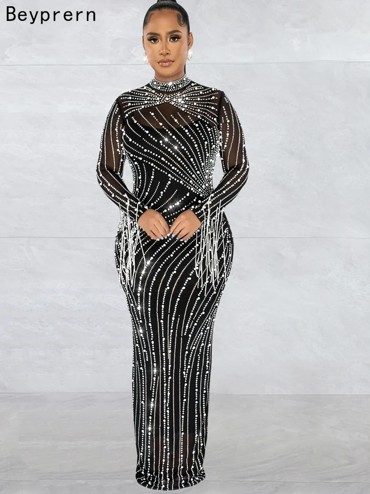 

Beyprern Gorgeous Black Mesh Rhinestones Décor Maxi Dress Glam Fringe Sleeves See-Thru Pearls Crystal Celebrities Party Dresses