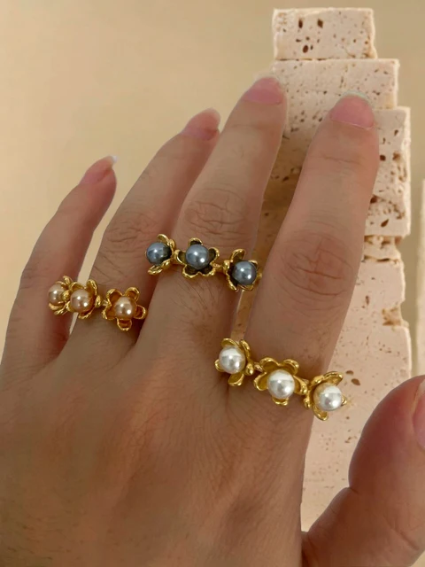 Peri'sbox-Bague Ouverte en Acier Inoxydable Plaqué Or pour Femme, Anneau Ajustable, Perle et Fleur, Cadeau Bijoux Carillon, Doux et Mignon, 216.239. 1