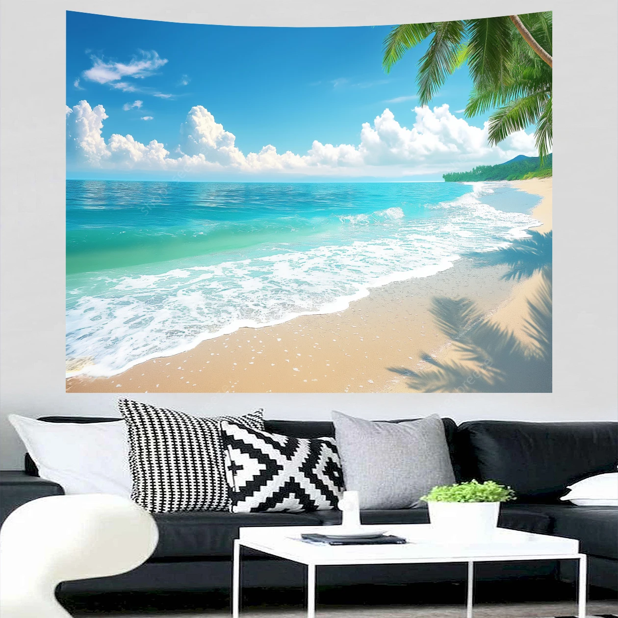 

Sunny Beach Tapestry Tropical Seaside Island Palm Trees Waves Wall Tapestry Art for Bedroom Home Decor Sofa Blanket Yoga Mat