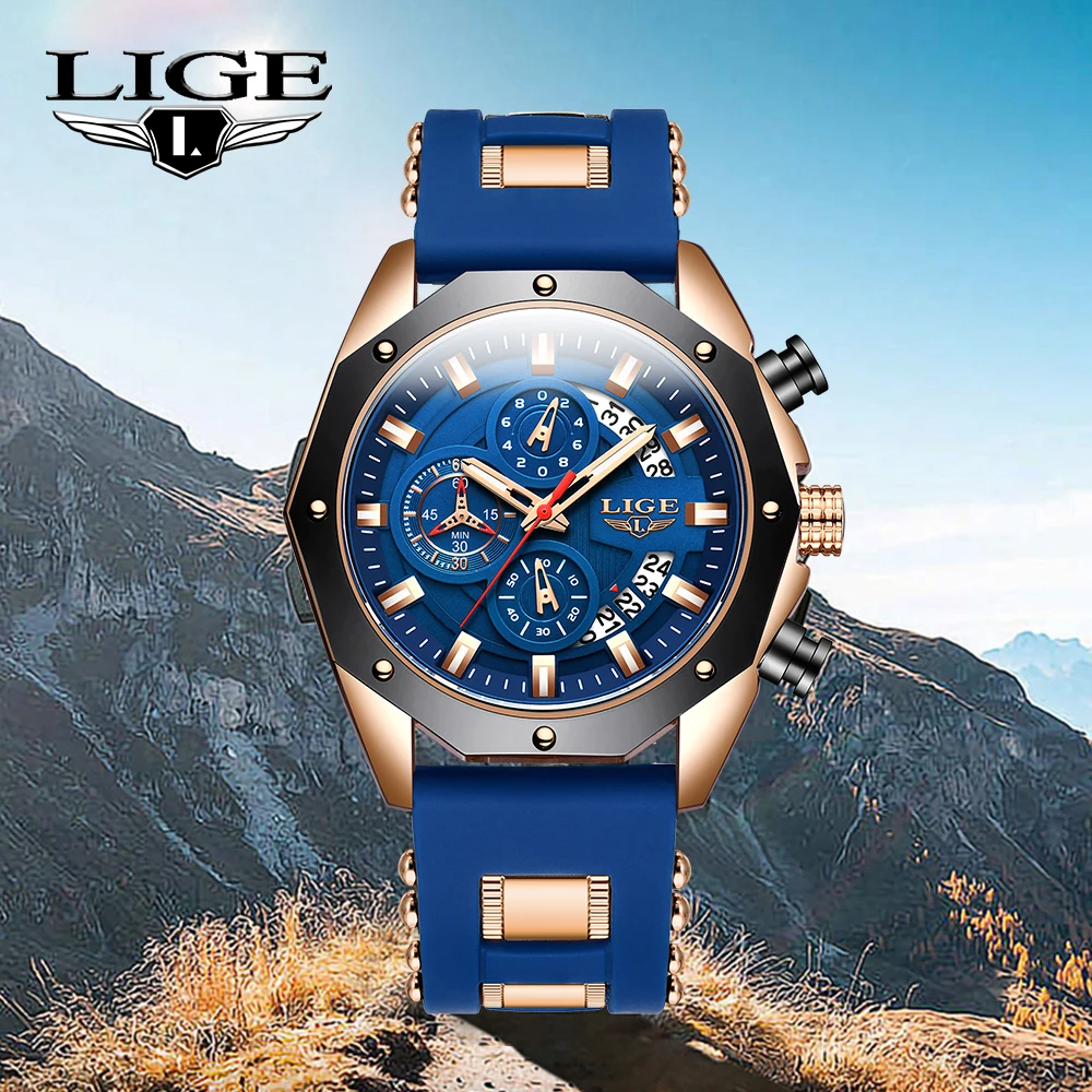 

LIGE Fashion Men Watches Top Brand Luxury Silicone Sport Watch Men Quartz Date Clock Waterproof Wristwatch Chronograph Clock Man