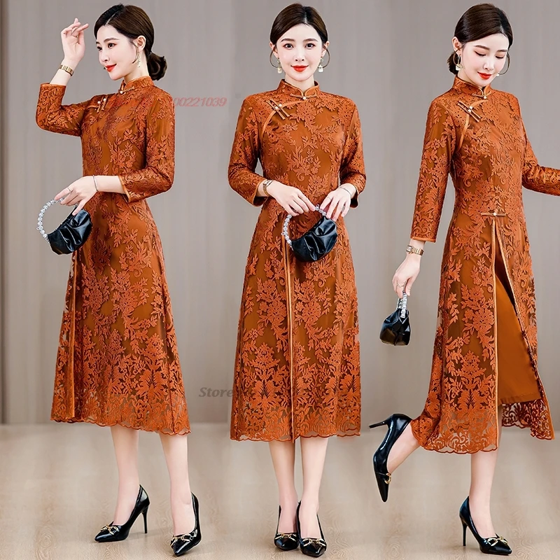 

2024 traditional chinese dress improved cheongsam qipao national flower embroidery lace dress oriental banquet party dress qipao