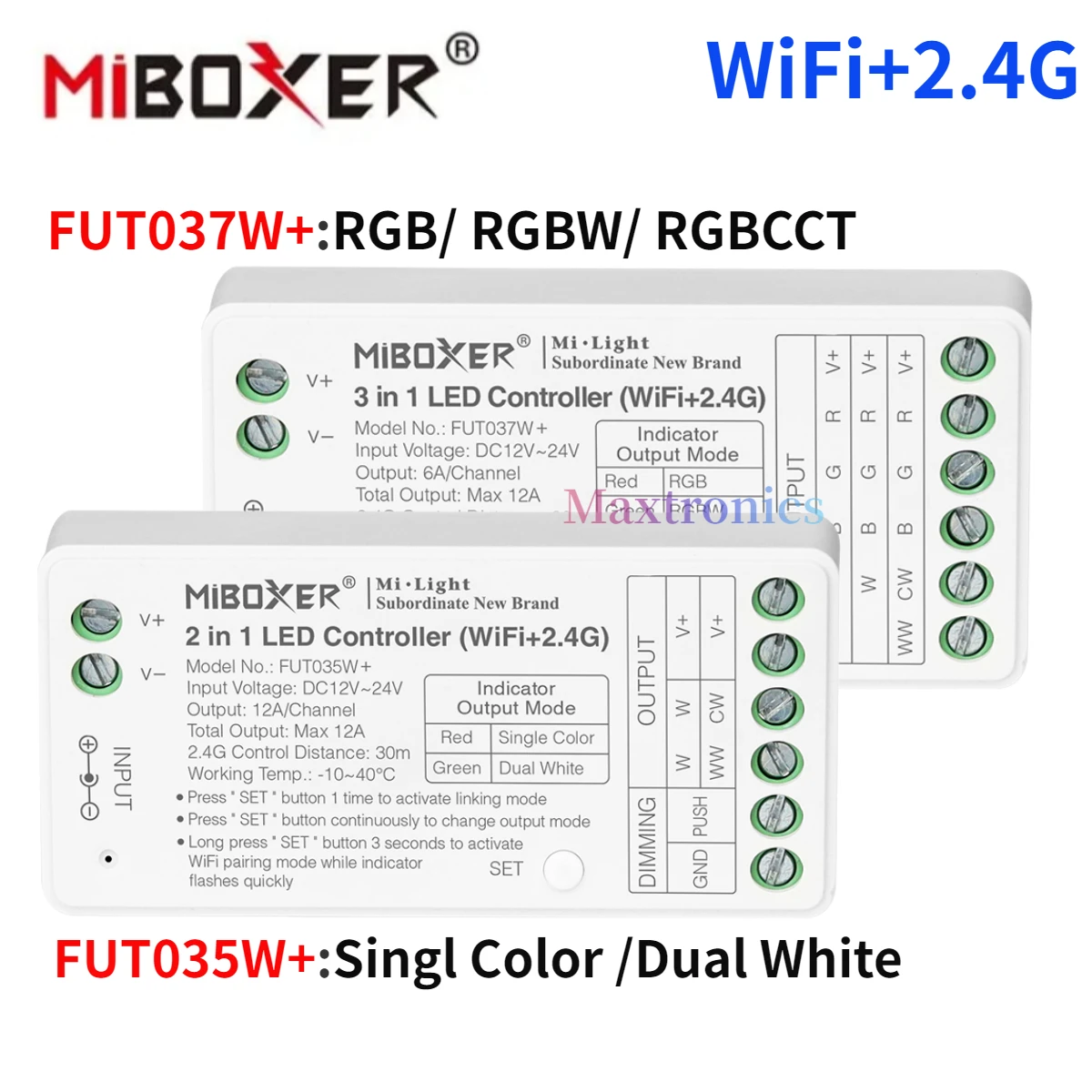 Miboxer Tuya APP умный контроллер WiFi + 2,4G FUT035W + 2 в 1 FUT037W + 3 в 1 для одноцветного двойного белого RGB RGBCCT светодиодная подсветка
Miboxer Tuya APP умный контроллер WiFi + 2,4G FUT035W + 2 в 1 FUT037W + 3 в 1 для одноцветного двойного белого RGB RGBCCT светодиодная подсветка