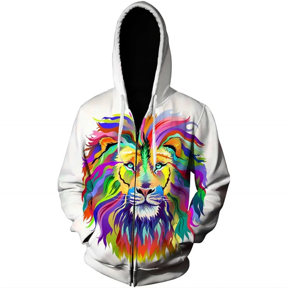 

Street Retro Trend Lion Print Zippered Hoodie Sweater Casual Spring and Autumn Men's Sports Zippered Jacket Sports Top