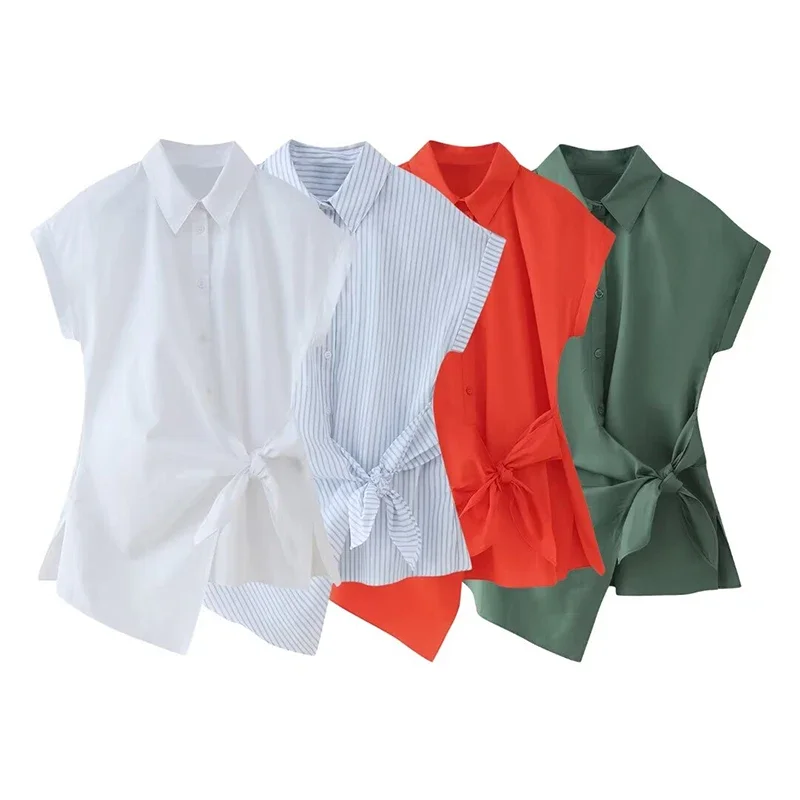Женская рубашка на пуговицах, с бантом и коротким рукавом 
Женская рубашка на пуговицах, с бантом и коротким рукавом