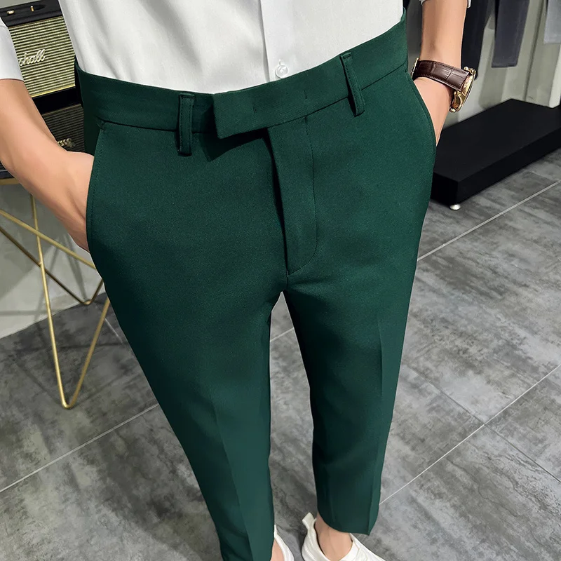 

2022 Summer Fashion Mens Dark Green Suit Pants Pure Color Business Occupation Slim Fit Dress Office Ankle Trousers