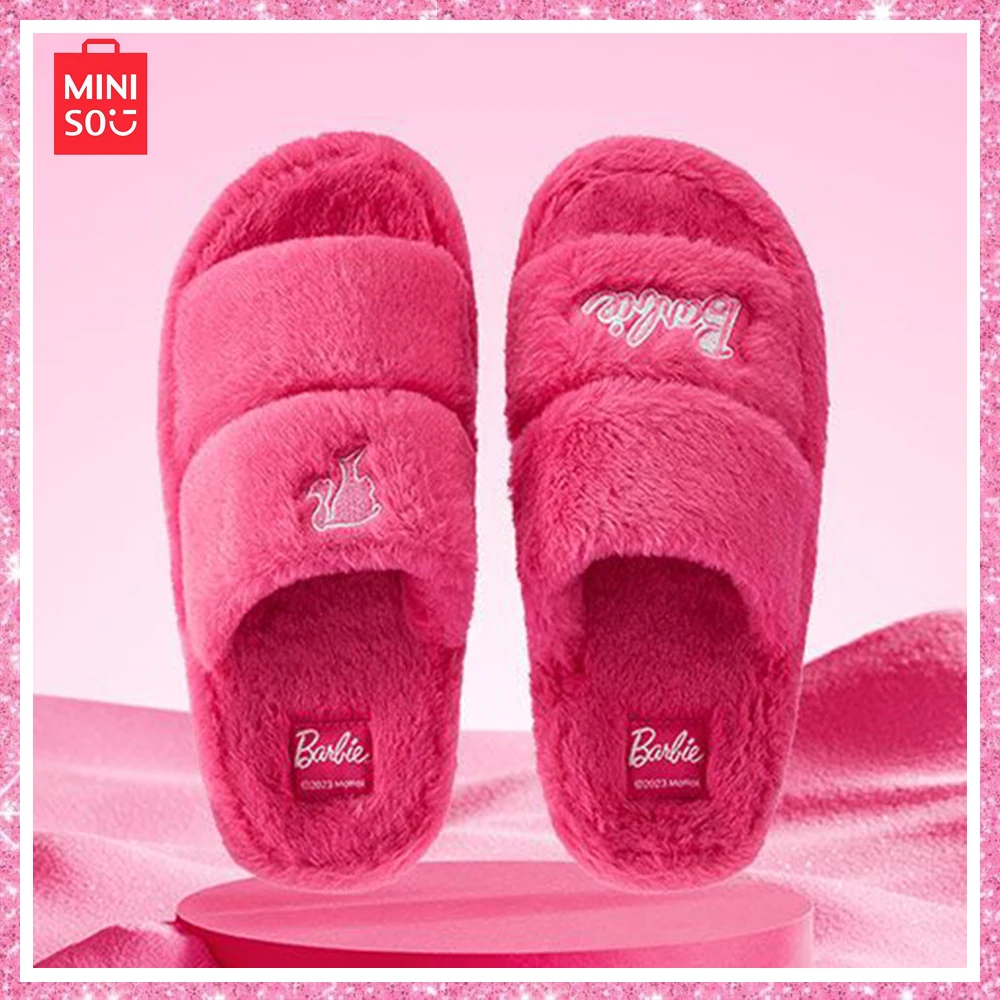 

Miniso Barbie Capsule Series Fashion Winter Warm Home Wear Slippers Soft Cute Pink White Fuzzy Slippers Furry Shoes Girl Present