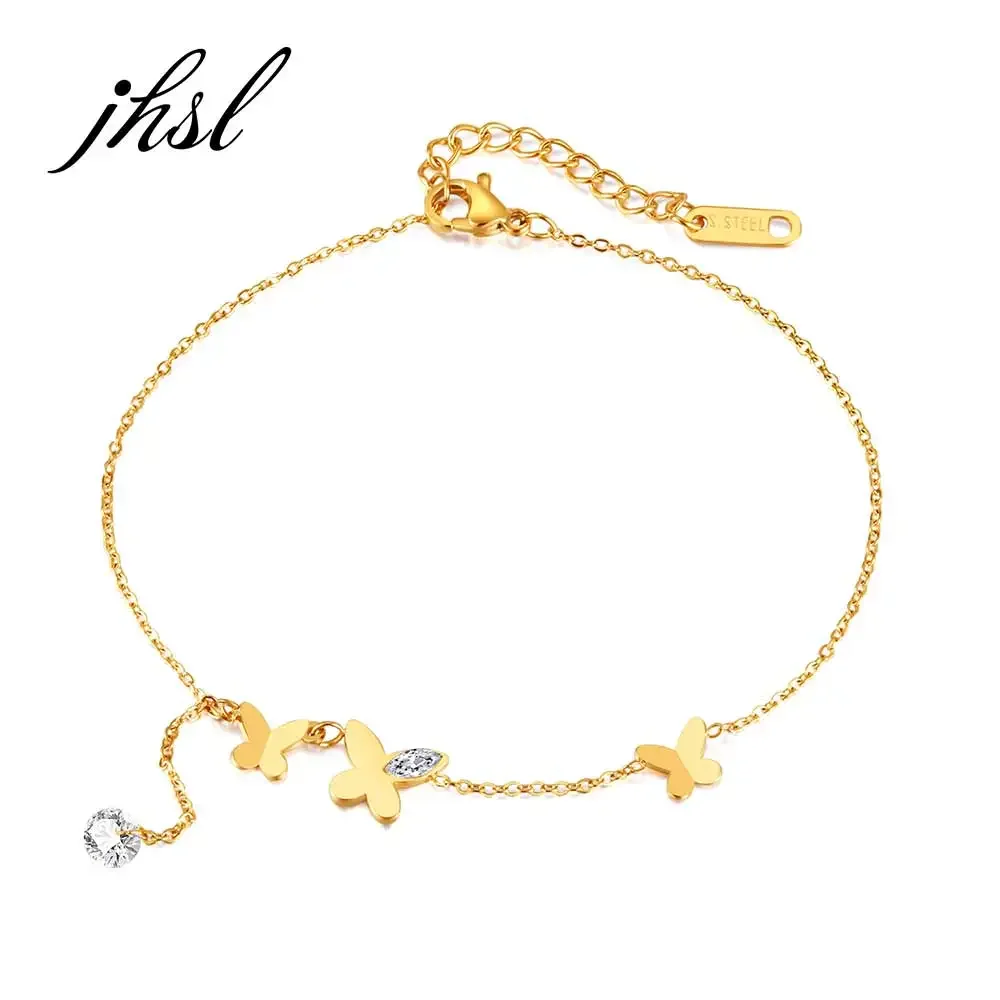 

JHSL New Foot Ankle Bracelets for Women Female Butterfly Anklets Cubic Zircon Gold Color Stainless Steel Fashion Jewelry