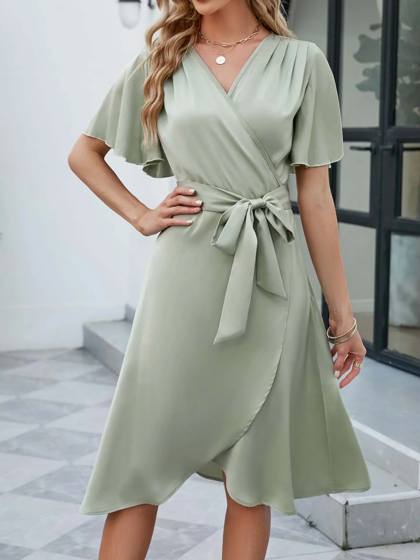 

Stain Elegant Midi Dress Summer A-line Split V-Neck Sundress Short Sleeve Solid Slim Beach Holiday Party Robe Femme