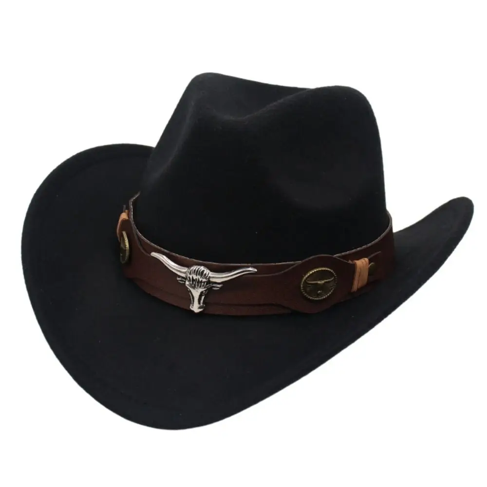 

Felt Western Cowboy Hat New Ethnic Style with Cow Band Jazz Fedora Hats Soft Ox Head Accessories Roll Brim Cowgirl Cap Children