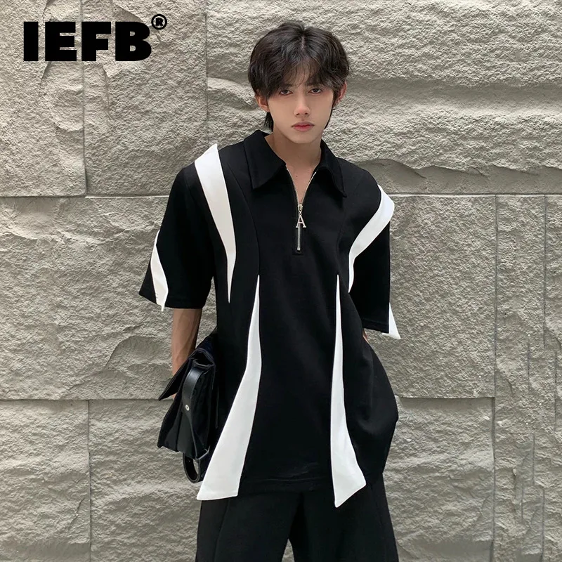 

IEFB Short Sleeve T-shirt Men's Patchwork Contrast Color Fashion High Street Lapel Neckline Zipper Design New Male Top 9C5754