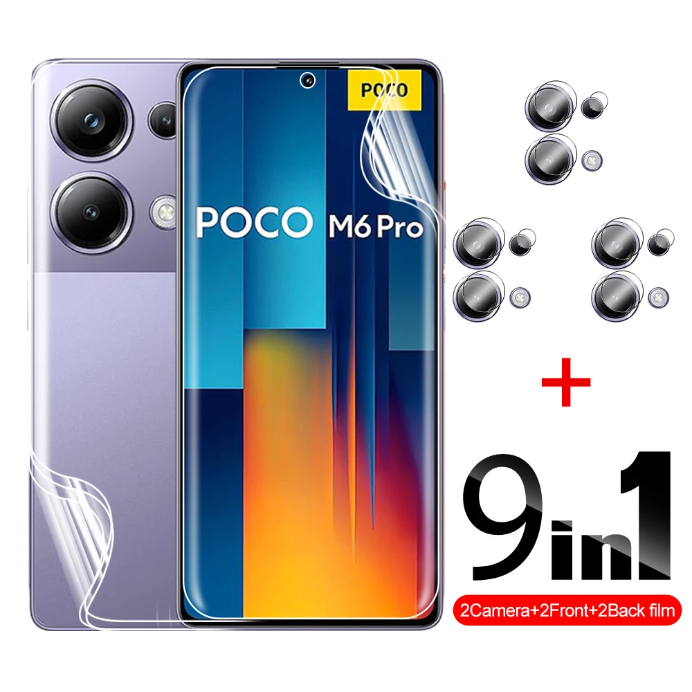 

Мягкая пленка 9 в 1 для Xiaomi Poco M6 Pro 4G, пленка для объектива камеры pocco M 6pro M6pro pokom6pro, 6,67 дюймов, передняя и задняя Гидрогелевая пленка