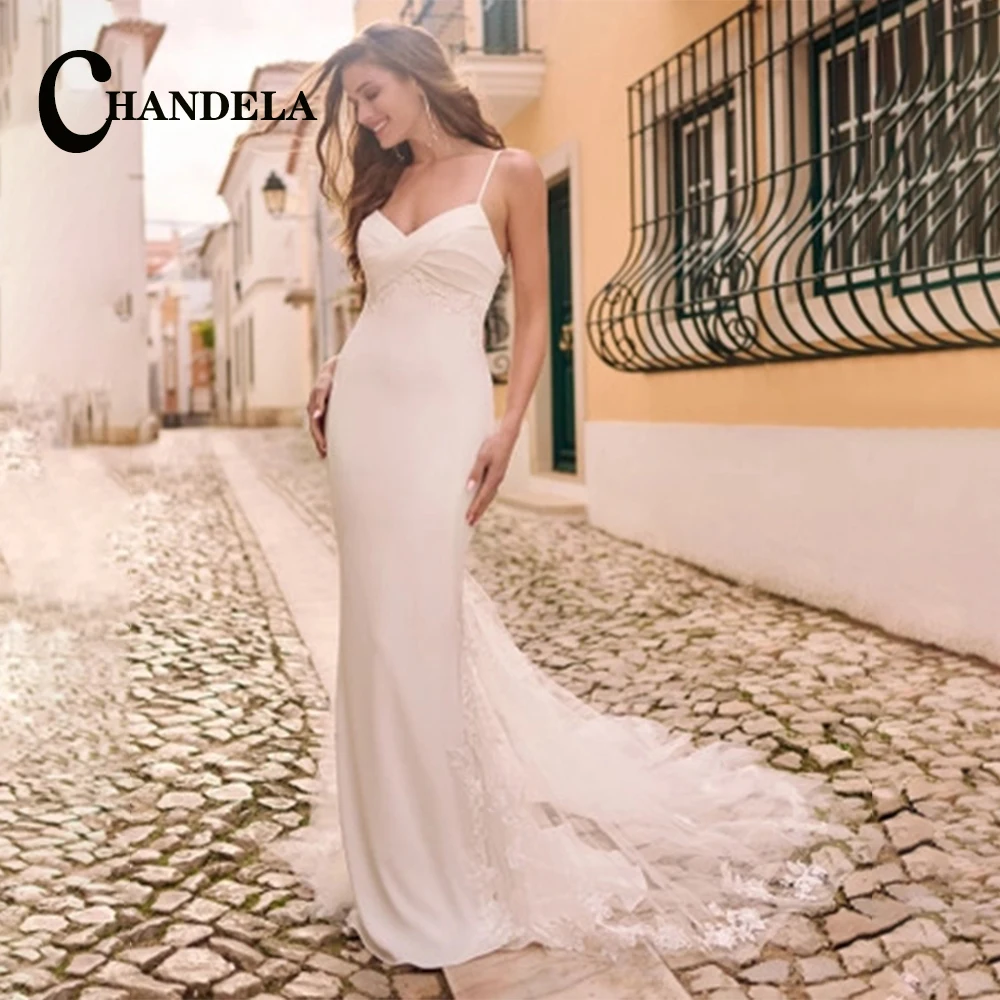 

CHANDELA Garceful Sweetheart Trumpet Wedding Dresses Satin Spaghetti Strap Appliques Backless Pleat Customised Robe De Mariée