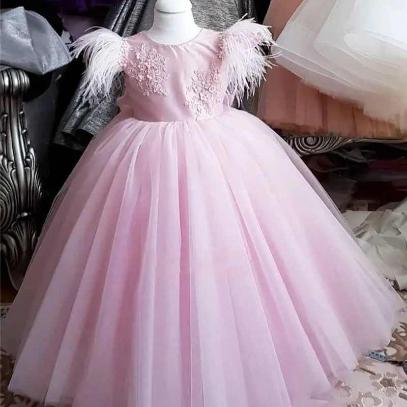 

Flower Girl Dresses Champagne Tulle 3D Appliques Flowers 3/4 Sleeve For Wedding Birthday Party First Communion Gowns