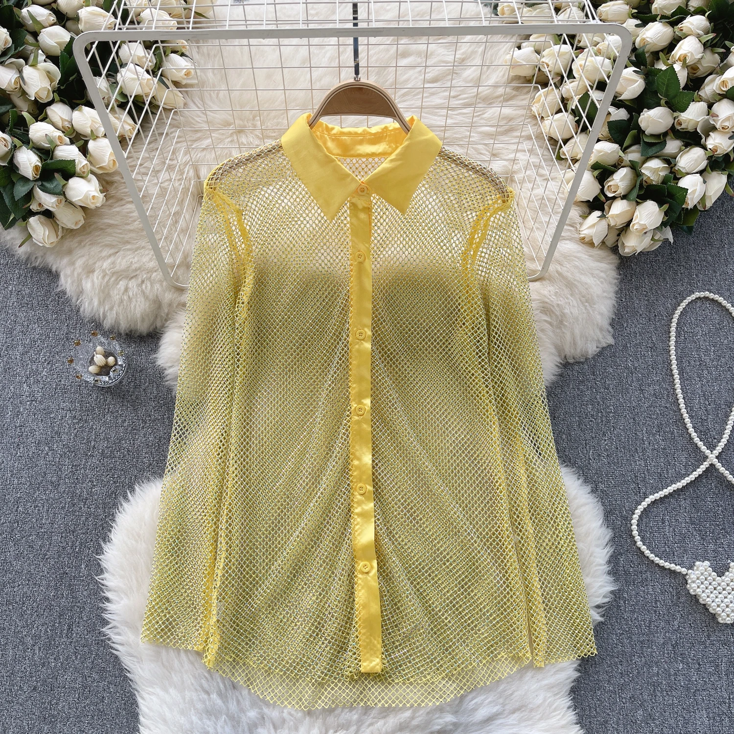 

Clothland Women Vintage Transparent Beading Blouse Candy Color Long Sleeve See Through Shirt Sexy Tops Blusa Mujer LB058