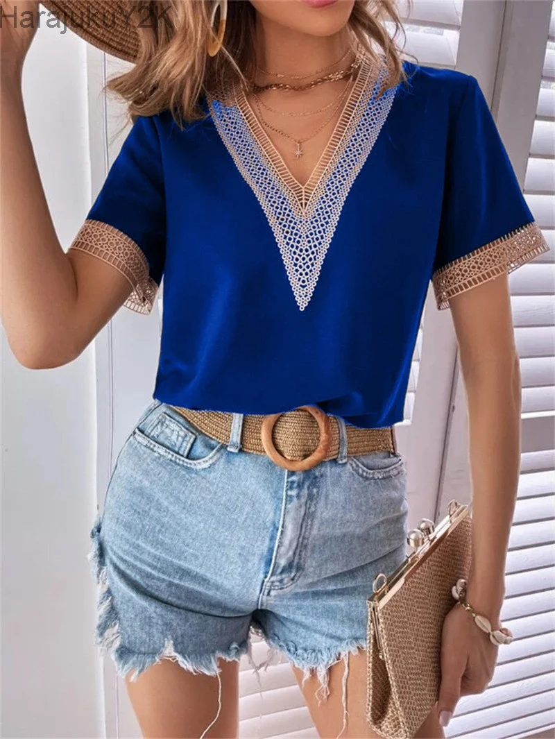 

Women's V-neck Splicing Lace Blouse Elegant Commuter Loose Short Sleeve Shirt Female 2023 Summer British Style Daily Casual Tops