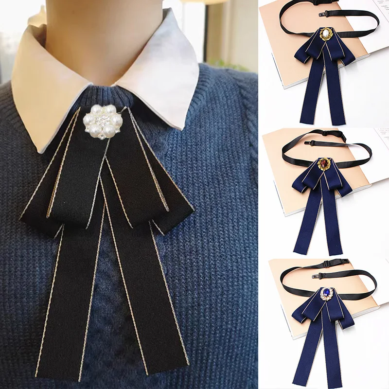 

New Women Vintage Elegant Pre-Tied Neck Tie Brooch Imitation Pearl Jewelry Ribbon Bow Tie Corsage for Shirt Collar Clothes