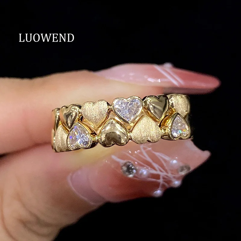 

LUOWEND 18K Yellow Gold Rings Romantic Heart Design 0.33carat Real Natural Diamond Set Ring for Women High Wedding Jewelry