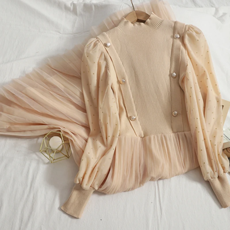 Original Custom Fake Two-piece Knitted Dresses Women Half Turtlenck Dot Puff Long Sleeve Button Deco Mesh Patchwork Dress
Original Custom Fake Two-piece Knitted Dresses Women Half Turtlenck Dot Puff Long Sleeve Button Deco Mesh Patchwork Dress
