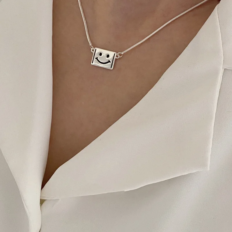 

925 Sterling Silver Minimalism Square Smile Face Chain Choker Necklace for Women Girls Korean Jewelry Daily Party Birthday Gift