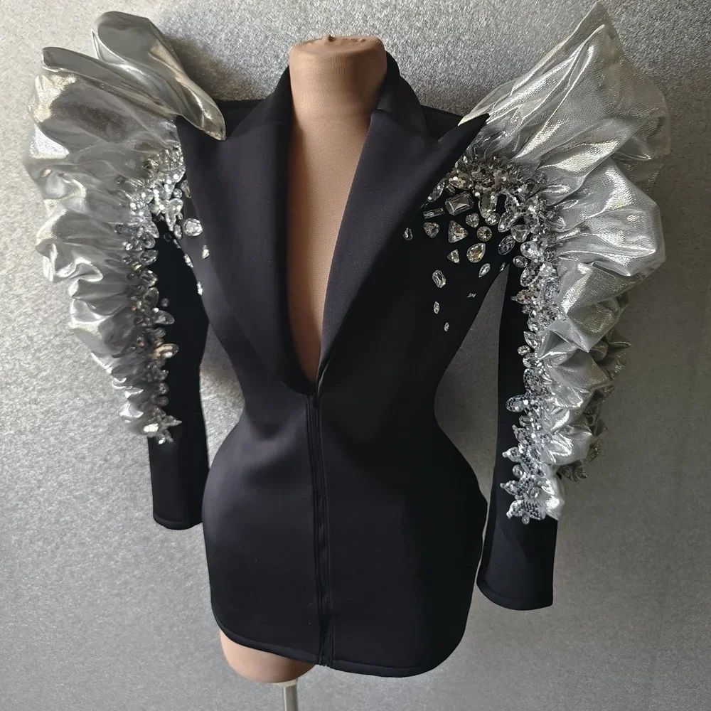 

Sexy Singer Black Jacket Sparkly Sequins Rhinestones Big Sleeves Dancer Nightclub Jazz Dance Costume Performance Show Stage Wear