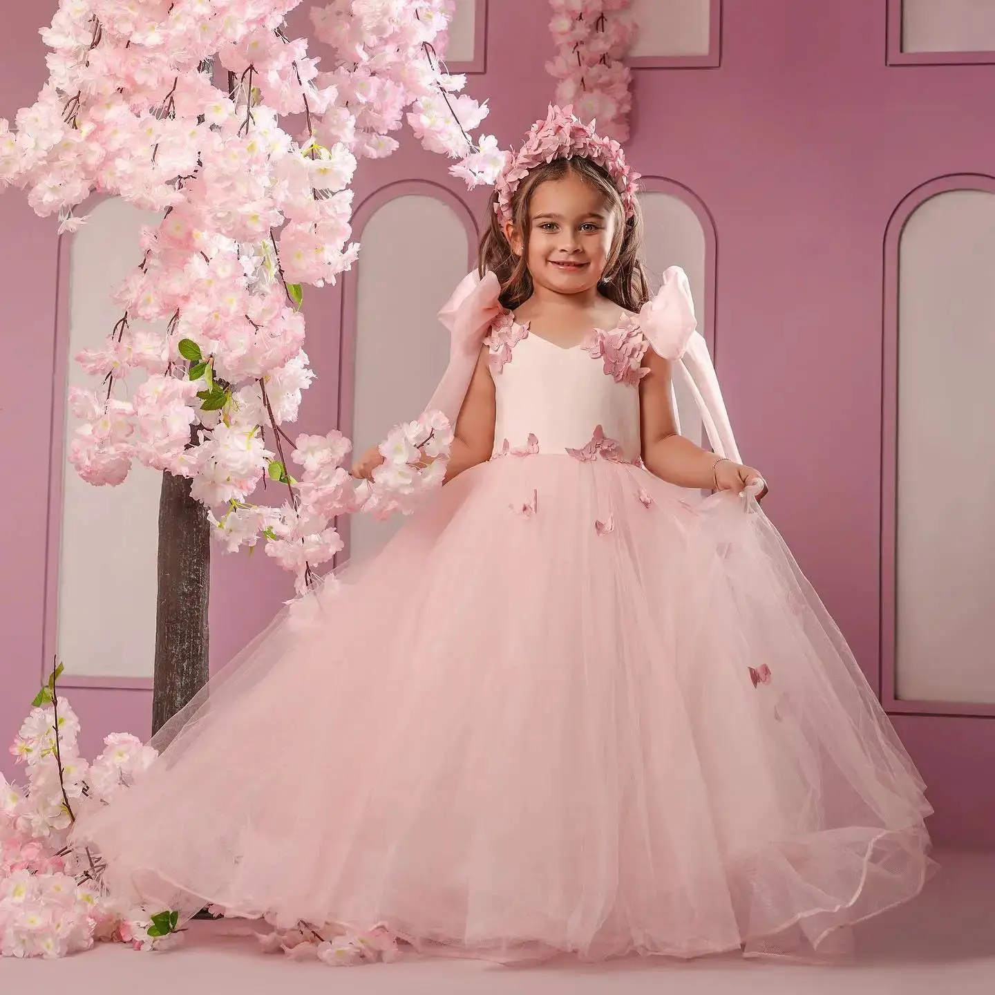 

Pink Ball Gown Flower Girl Dresses Appliques Sleeveless Kids Birthday Pageant Gowns Elegant Ribbons Children Photograpghy Robes