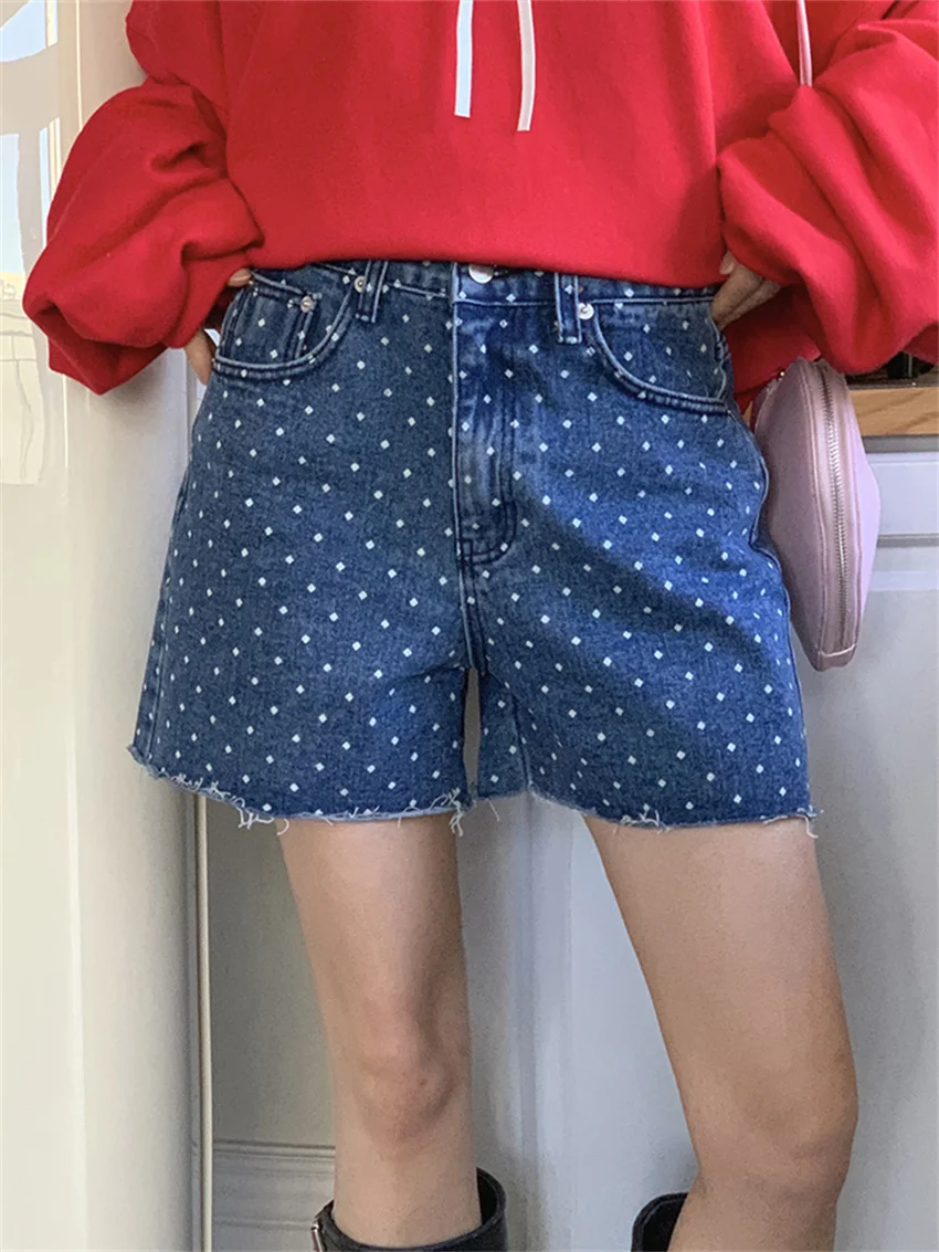 

Alien Kitty Vintage Denim Shorts Women Polka Dots Loose Summer 2024 Fashion Jeans High Waist Slim Casual All Match Streetwear