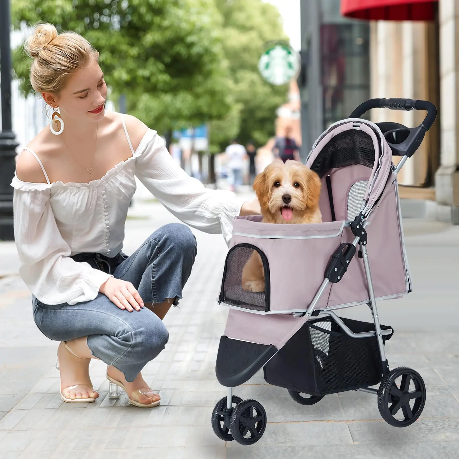 

Lovely Pink Pet Expedition: Pet Stroller for Medium/Small Dog, Folding 3-Wheel Jogger, Cage, Basket