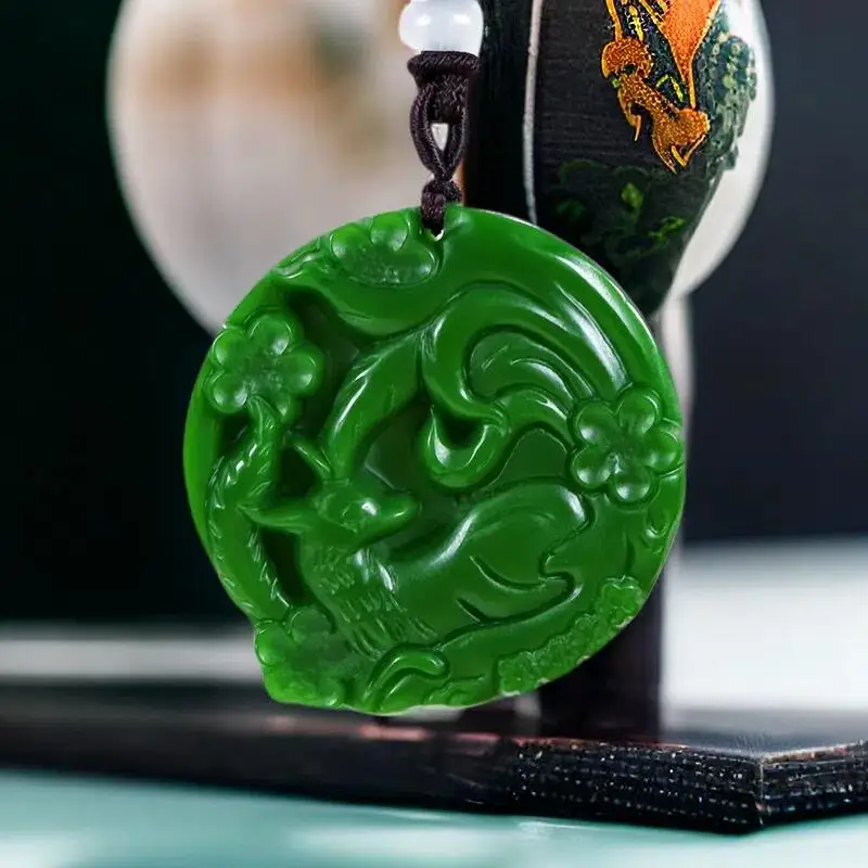 

Green Real Jade Fox Pendant Necklace Men Talismans Charm Gemstone Natural Jasper Luxury Vintage Carved Jewelry Designer Fashion