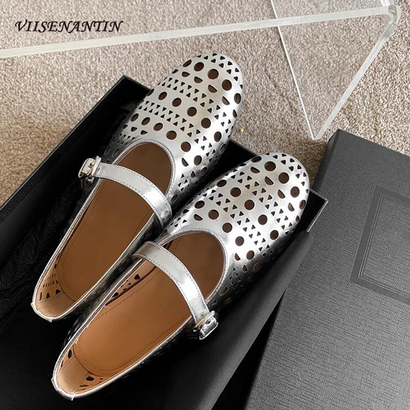 

2024 Spring Summer New Hollow Out Mary Jane Ballet Shoes Round Toe Shallow Mouth Buckle Strap Flats Solid Causal Shoes for Women