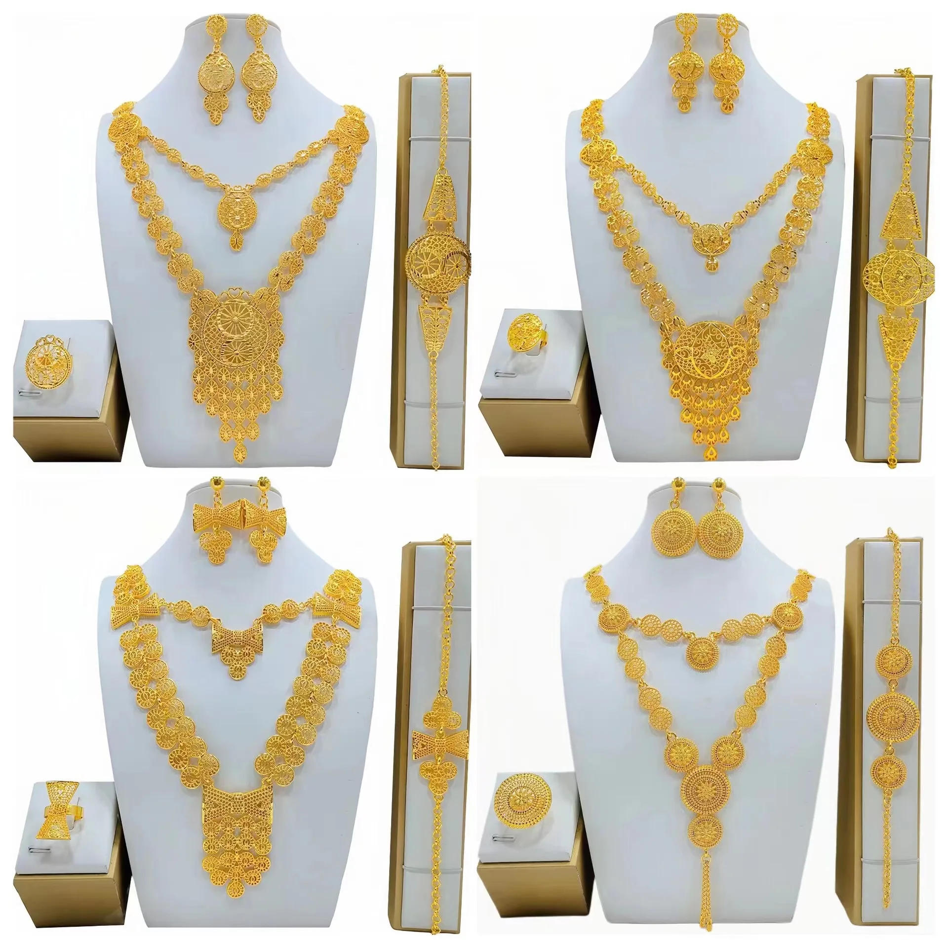 

Selling recommended Dubai 24K gold women's jewelry set Middle East bride necklace earrings ring bracelet four-piece set