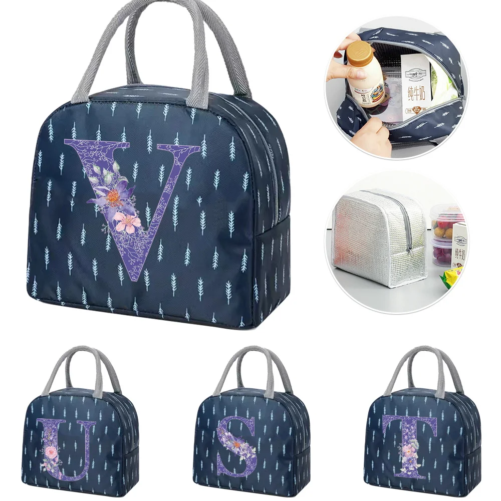 

Insulated Thermal Lunch Bag Purple Flower Letter Cooler Portable Eco Handbags Box Canvas Tote Bags Organizer Food Picnic Packet