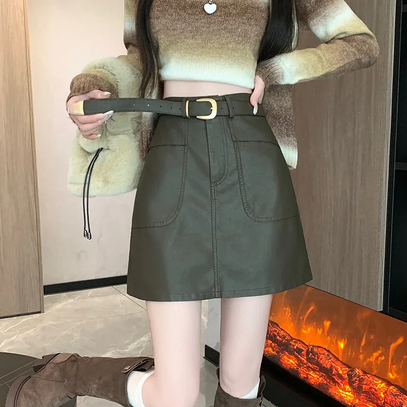 Women High Waist Belt A-line PU Leather Bodycon Mini Skirt Autumn Winter Streetwear Chic Slim Hot Girl Short Skirts Female 1008
Women High Waist Belt A-line PU Leather Bodycon Mini Skirt Autumn Winter Streetwear Chic Slim Hot Girl Short Skirts Female 1008