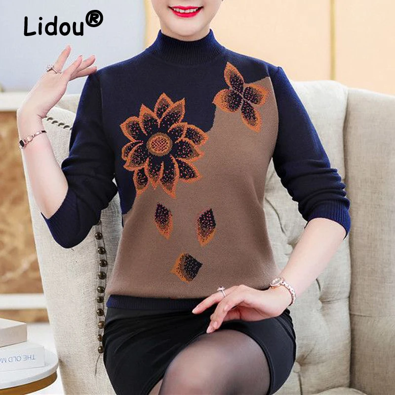 

Middle Aged Women Clothing Autumn Winter Fashion Flower Diamonds Elegant Knitted Sweater Casual O Neck Long Sleeve Pullover Tops