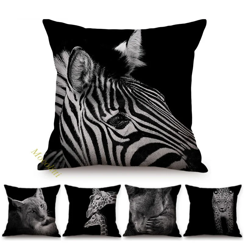 

Black Zebra Portrait Pattern Square Cushion Cover Africa Animal Giraffe Tiger Lion Owl Decoration Office Sofa Throw Pillow Cases