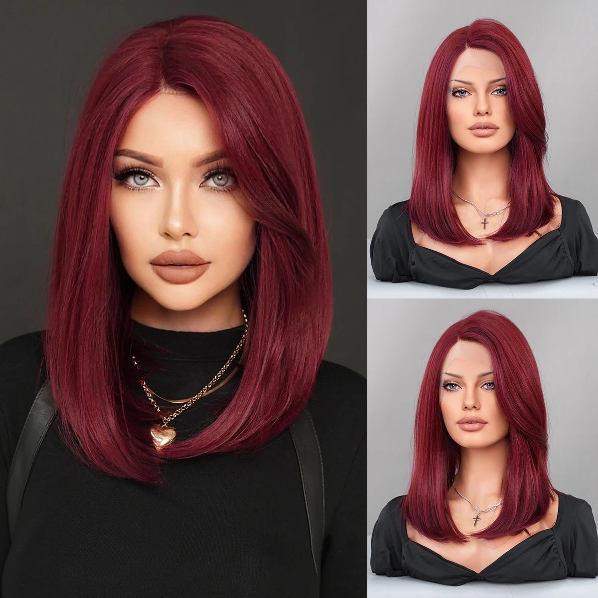 

Lace Front Wig Shoulder Length Middle Part Wine Red Lace Bob Wigs for Black Women High Density Synthetic Layered T Part Lace Wig