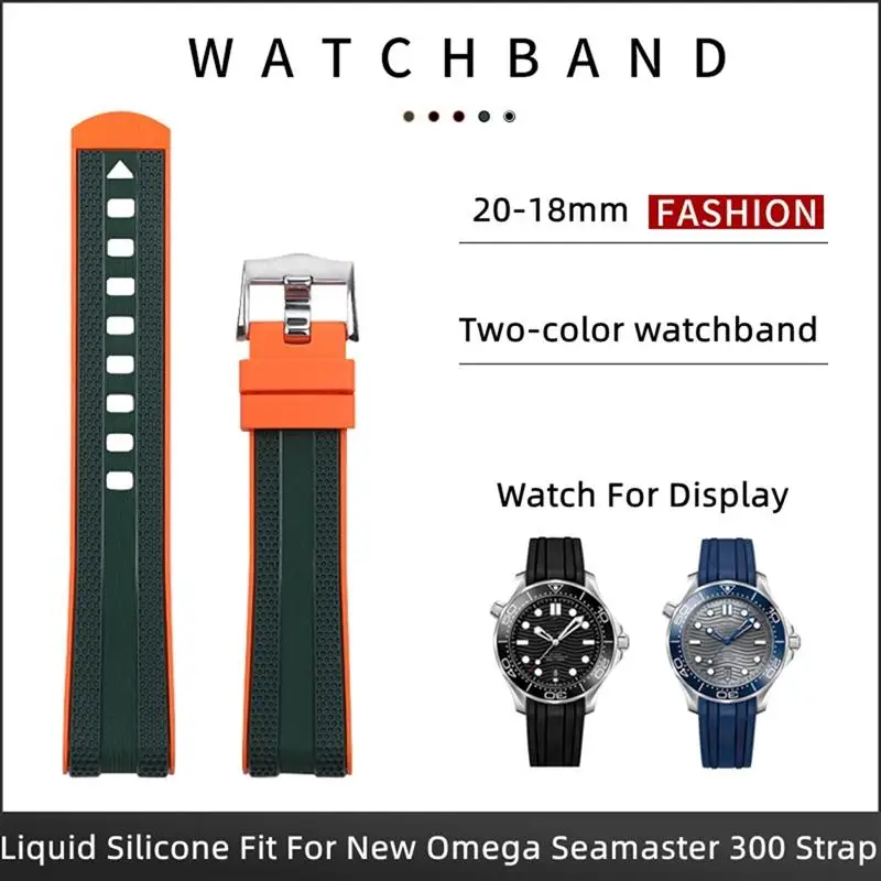 

HAODEE 20mm For Omega Seamaster 300 Curved End watch Strap Bracelet Wristband Dual Color Soft Watchband Liquid Silicone Rubber