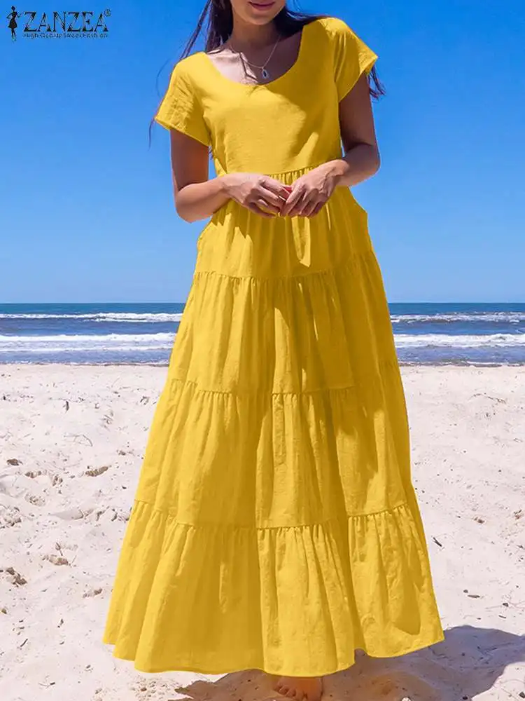 

ZANZEA Vacation Summer Sundress Pleated Tiered Casual Solid Fashion Long Robes A-line Women Short Sleeve Scoop Neck Maxi Dress