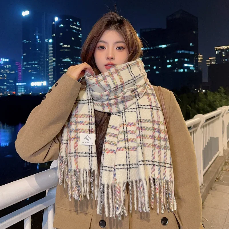 

2023 Winter New Imitation Cashmere Tassel Women's Scarf High Grade Small Fresh Plaid Thickened Warm Outer Layer with Cold Cape