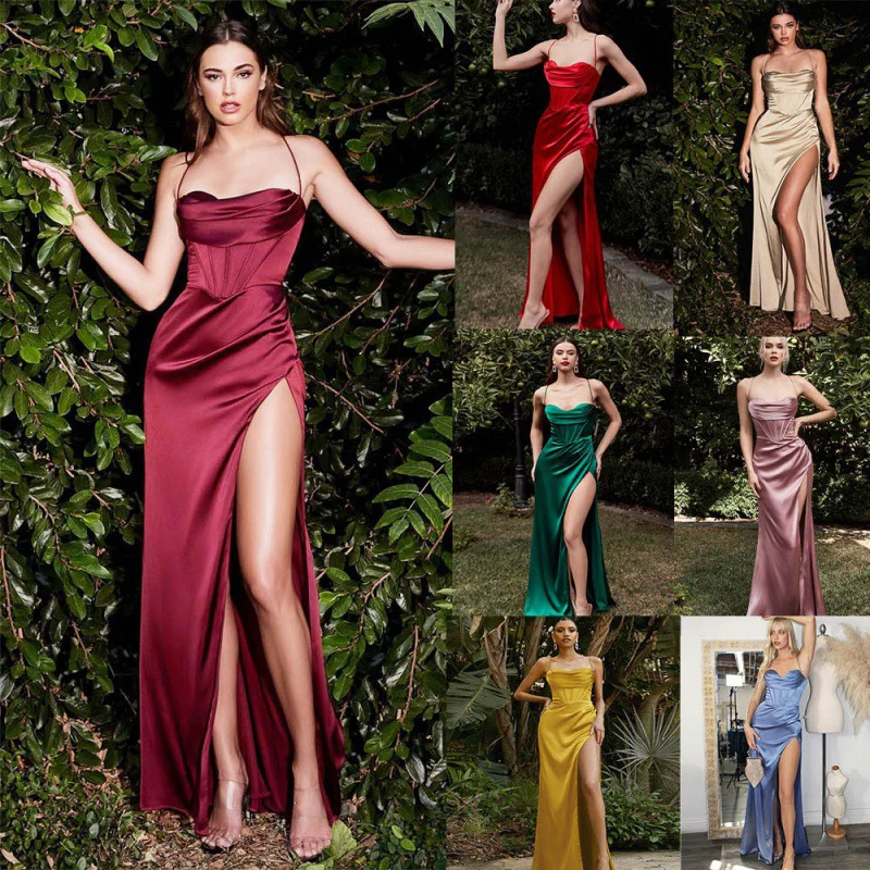 

Sexy Suspender High Waisted Evening Dress For Women Simple Solid Slim Fit Sleeveless Ball Gown Summer Wedding Bridesmaid Dresses