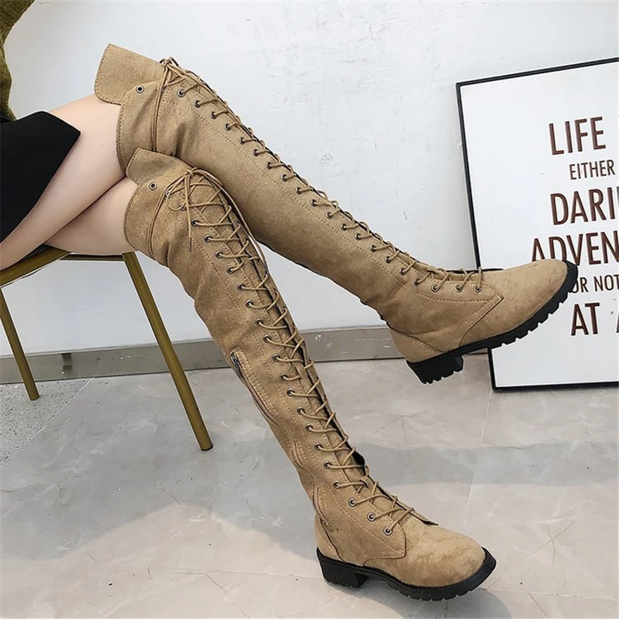 

Hot Motorcycle Boots Women Winter Khaki Flock Fashion Lace-up Ladies Zipper Over the Knee Botas Mujer Sports Platform Heel Shoes