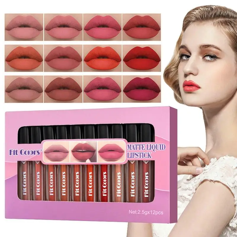 

12 Pcs Velvet Matte Liquid Lipstick Non-Stick Cup Waterproof Nude Lip Gloss Kit Non-Stick Cup Not Fade Lipstick Makeup Set