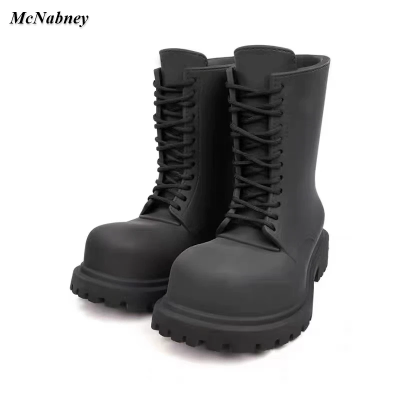 

2023 New Fashion Black Big Round Toe Thick-Soles Mid-Calf Boots Women Autumn Winter Lace Up Frosted Leather Casual Ladies Shoes