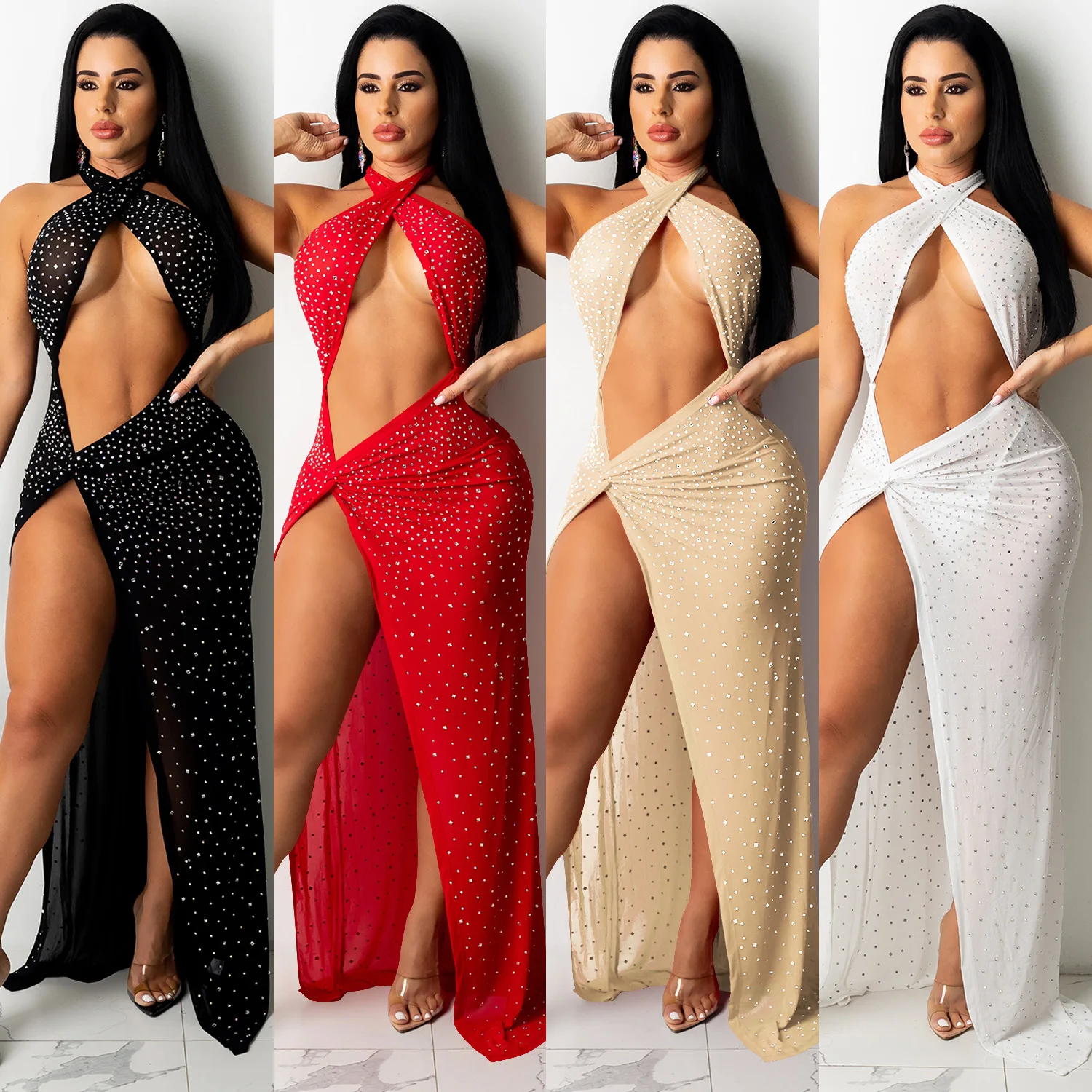 

Europe and the United States new nightclub sexy hot diamond inlaid diamond gauze perspective women wrapped chest slit dress