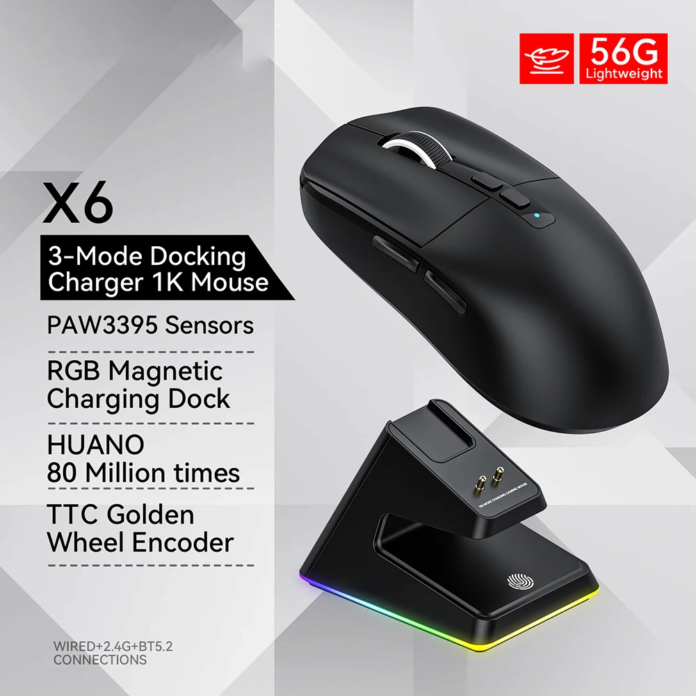 

X6 3 Modes Mouse Ergonomic Design High Precision Mice Portable Wired/2.4G/Wireless Connection Mouse Rechargeable Mice