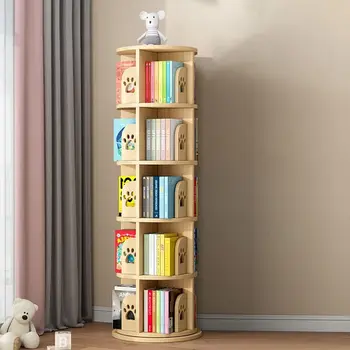 단단한 나무 책장 어린이 360 ° 회전 책장 보관 사물함, 고양이 패턴 가족 책 코너, 2, 3, 4/5 레이어