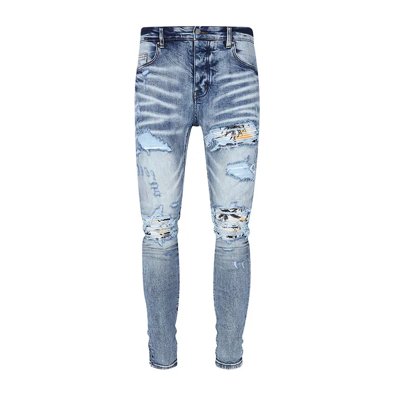 

Latest Street Fashion Men's Light Blue Jeans Retro Elastic Slim Fit Split Washed Jeans Men's Designer Hip Hop Brand Patch Pants